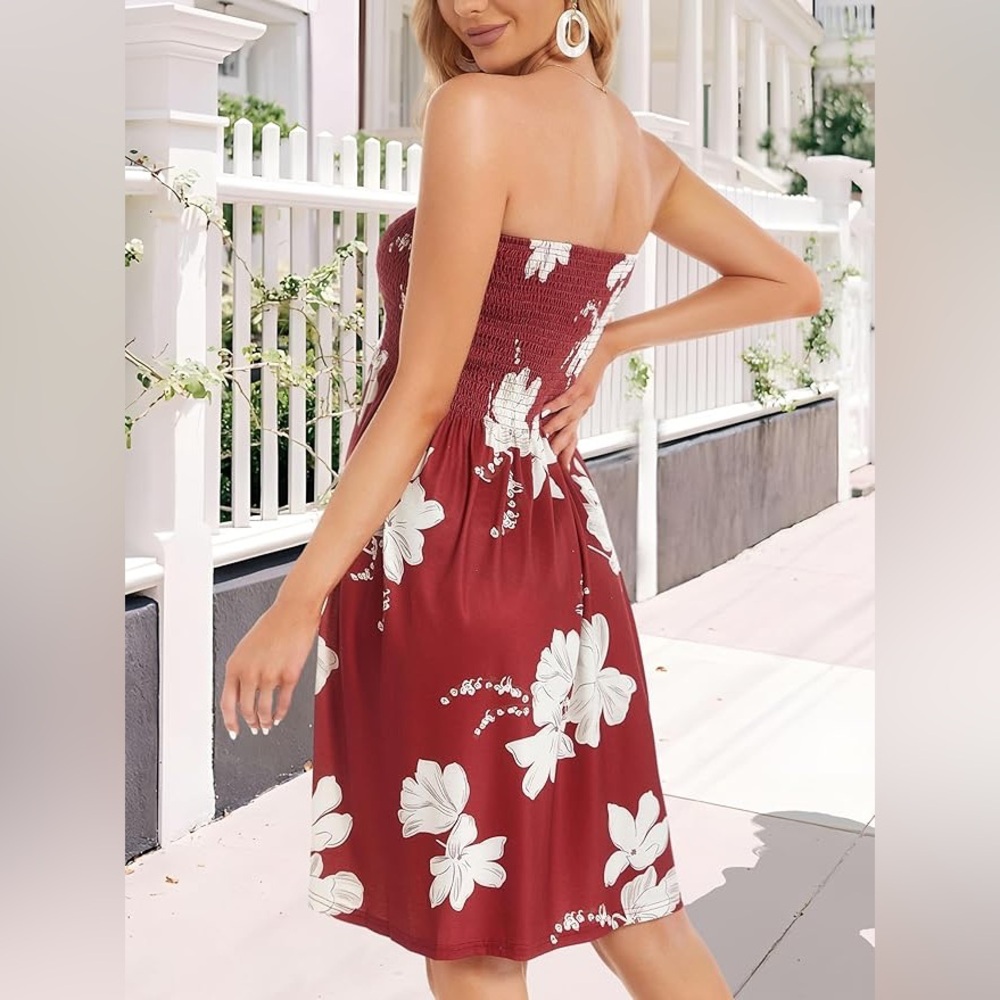 Strapless Floral Summer Dress - Burgundy